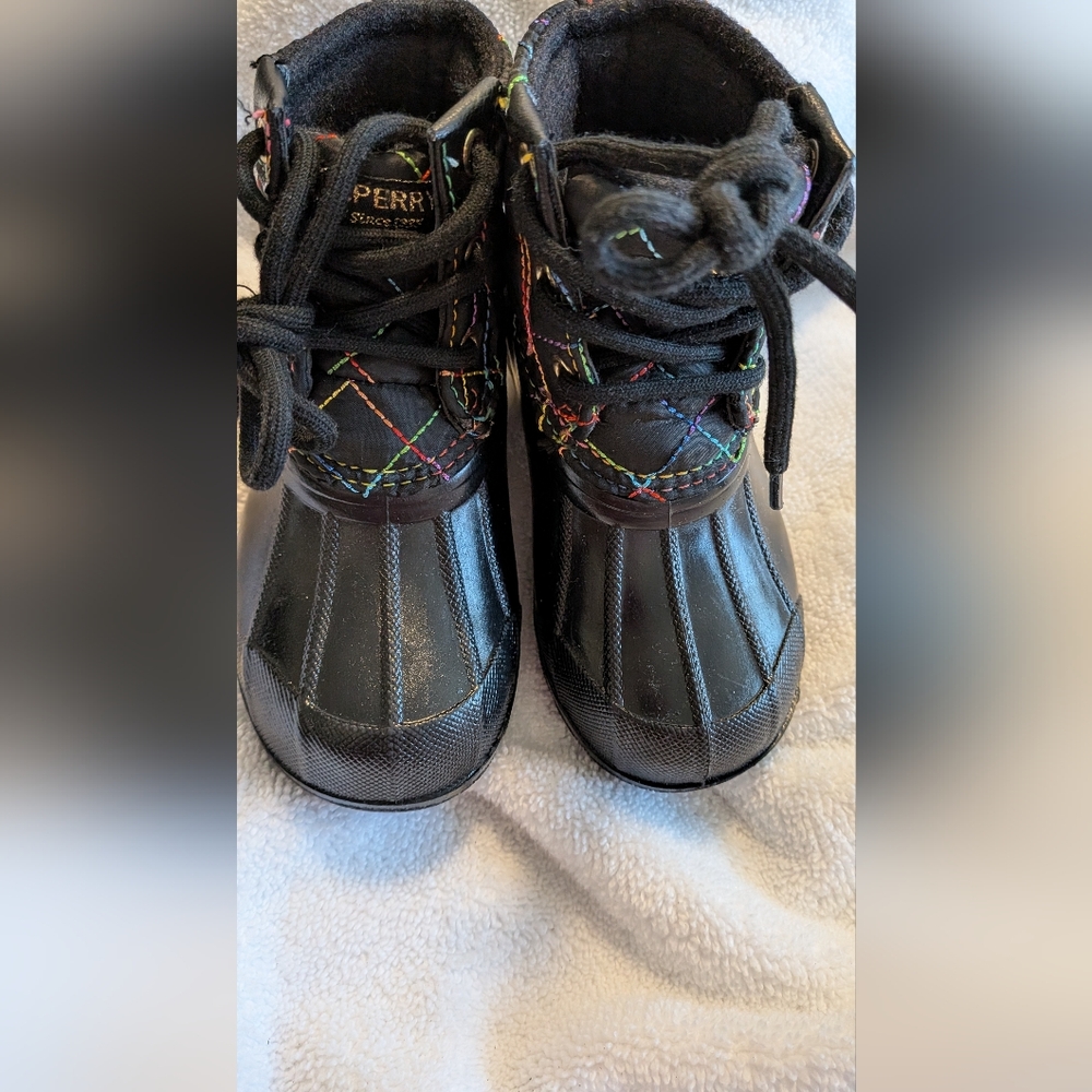 Sperry Black Kids Rain & Snow Duck Boots with Multicolor Stitching